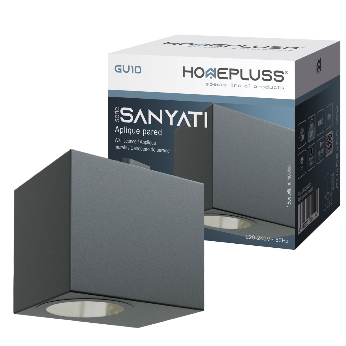 Aplique pared Serie Sanyati cuadrado 1 luz GU10 Máx. 10W IP54 Negro