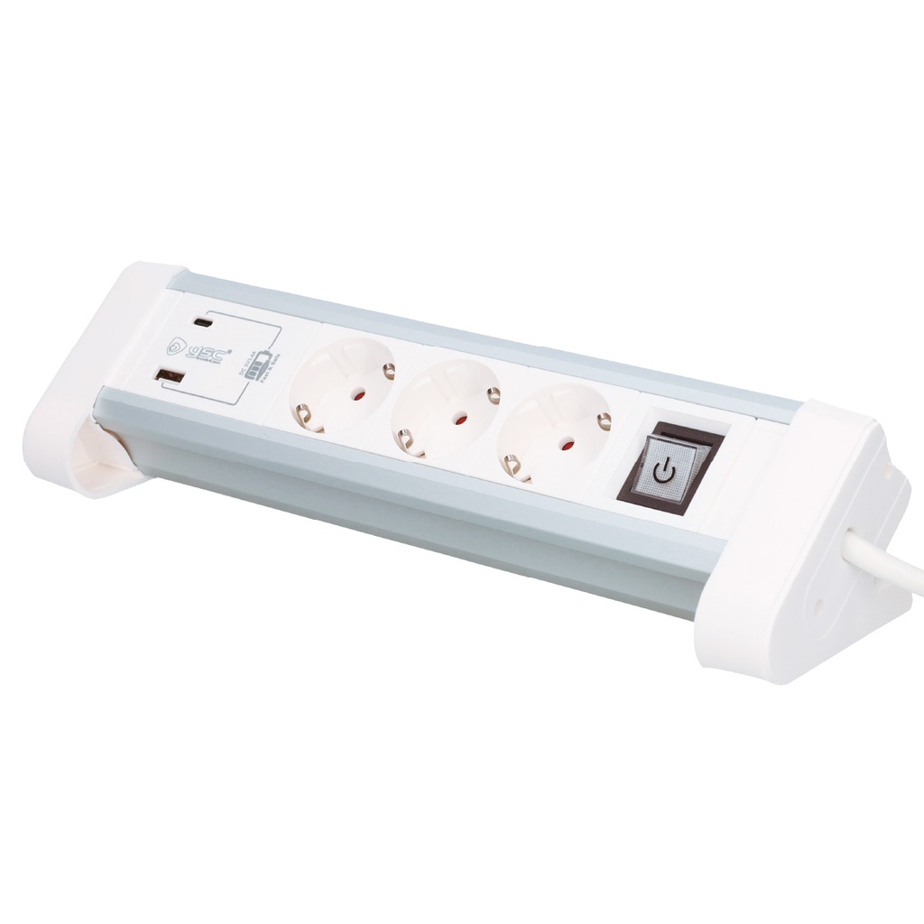 Bloc multiprises de table 3P + 1 USB A + 1 USB C + Int (3x1.5mm) 1,4M Blanc