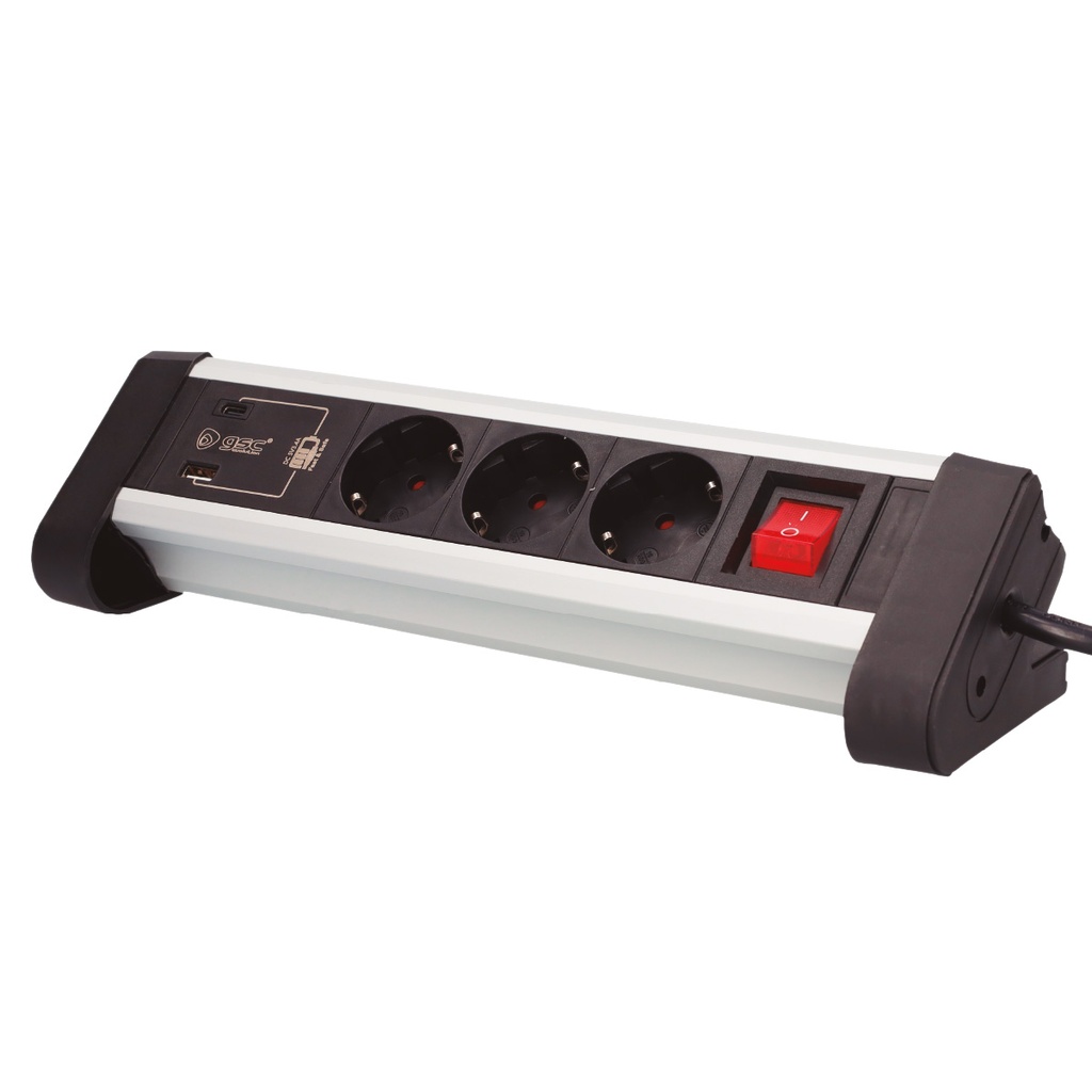 Bloc multiprises de table 3P + 1 USB A + 1 USB C + Int (3x1.5mm) 1,4M Noir