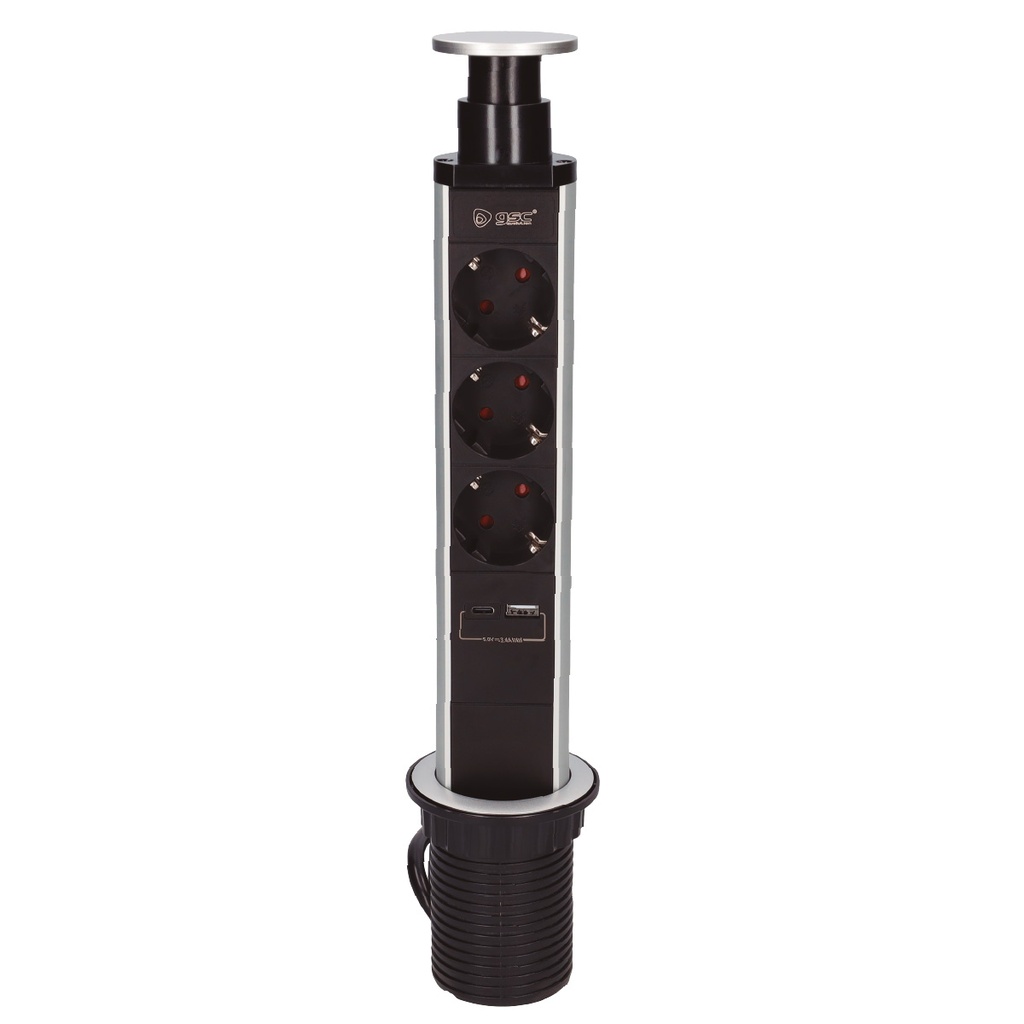 Base múltiple empotrable 3T + 1 USB A + 1 USB Tipo C (3x1.5mm) 1,4M