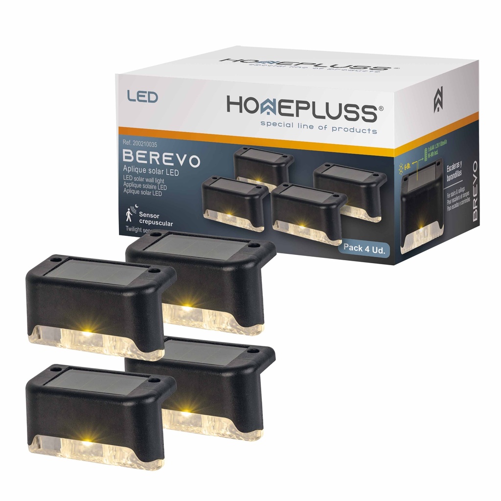 Pack 4 appliques solaires LED Berevo avec détecteur de crépuscularité pour escaliers / rampes Lumière chaude