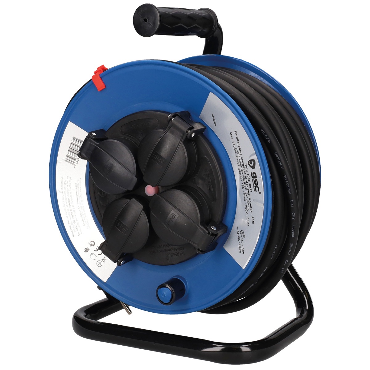 Enrolador de cabos profissional com extensão de 4 tomadas (3x1.5mm) 25M IP44