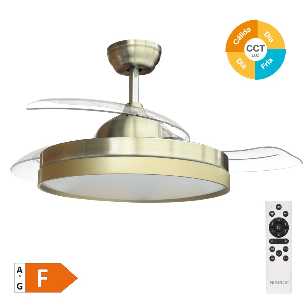 Ventilador techo Lugela con luz CCT regulable y mando Ø107 3 aspas retráctiles DC Dorado