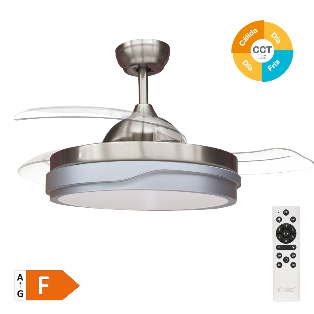 Ventilador de teto Lentini com luz CCT regulável e controlo remoto Ø107 3 pás retráteis DC Níquel