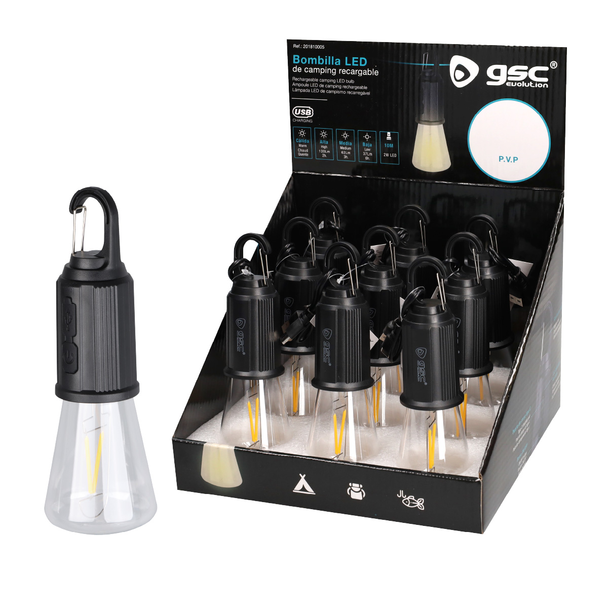 Ampoule LED de camping rechargeable par USB 120lm - 9u boîte d'exp