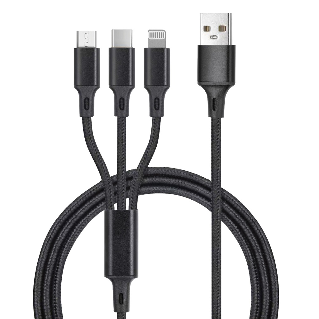 Cabo carregador 3 em 1 (USB Tipo C, conector Lightning e micro USB) nylon trançado 1,2M