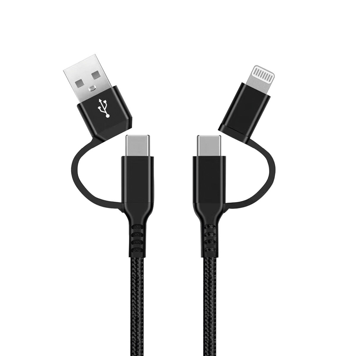 4 in 1 charger cable (2 USB C, Lightning connector and USB) braided nylon 1,5M