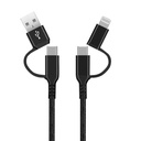 Cabo carregador 4 em 1 (2 USB, conector Lightning e USB) nylon trançado 1,5M