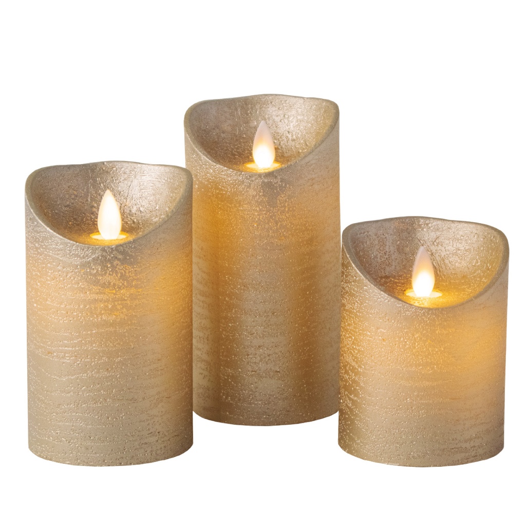 Pack 3 velas decorativas LED de cera 100 - 120 - 150mm Dorado