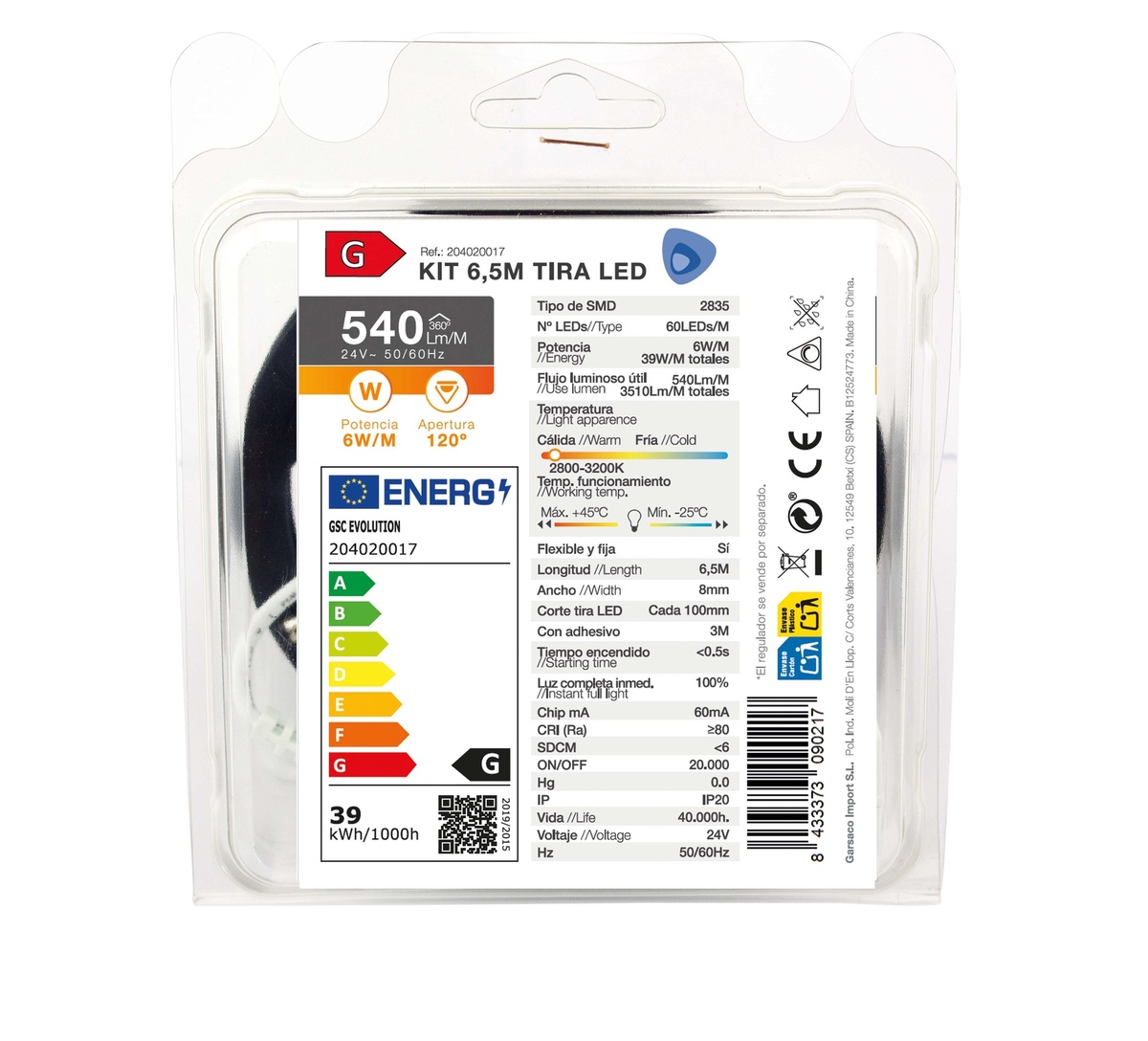 Kit 6,5M Tira de LED 6W/M IP20 2800K-3200K preparado
