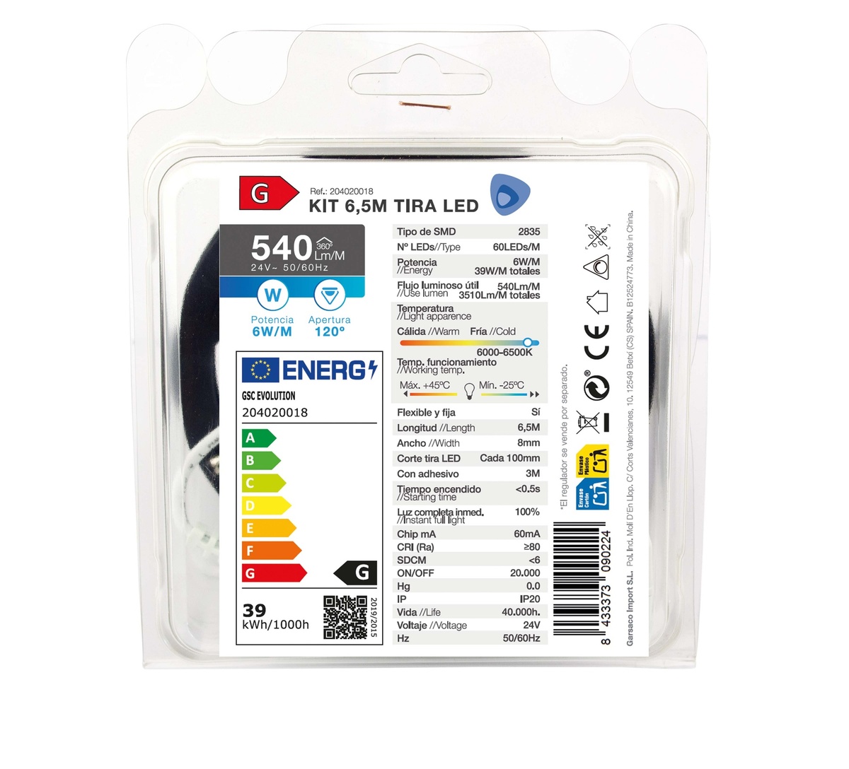 Kit 6,5 M Bande de LED 6 W/M IP20 6000K-6500K préparé