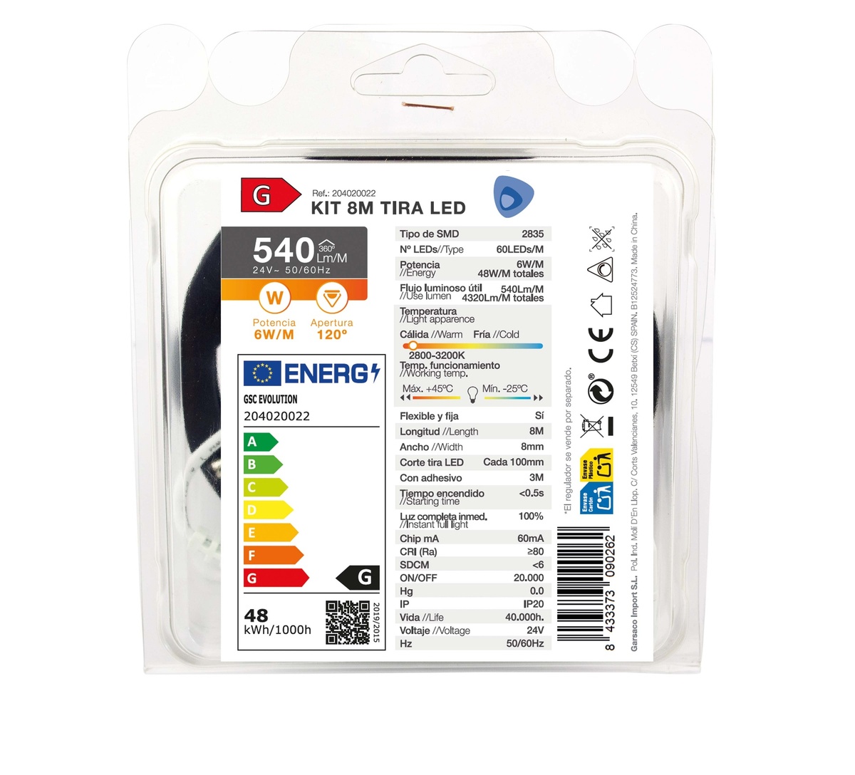 Kit 8 M Bande de LED 6 W/M IP20 2800K-3200K prépar