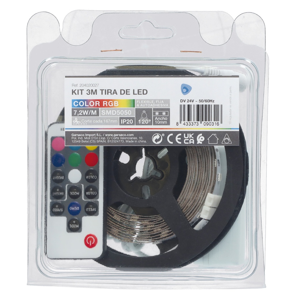 Kit 3M Tira de LED 7,2W/M IP20 RGB preparado