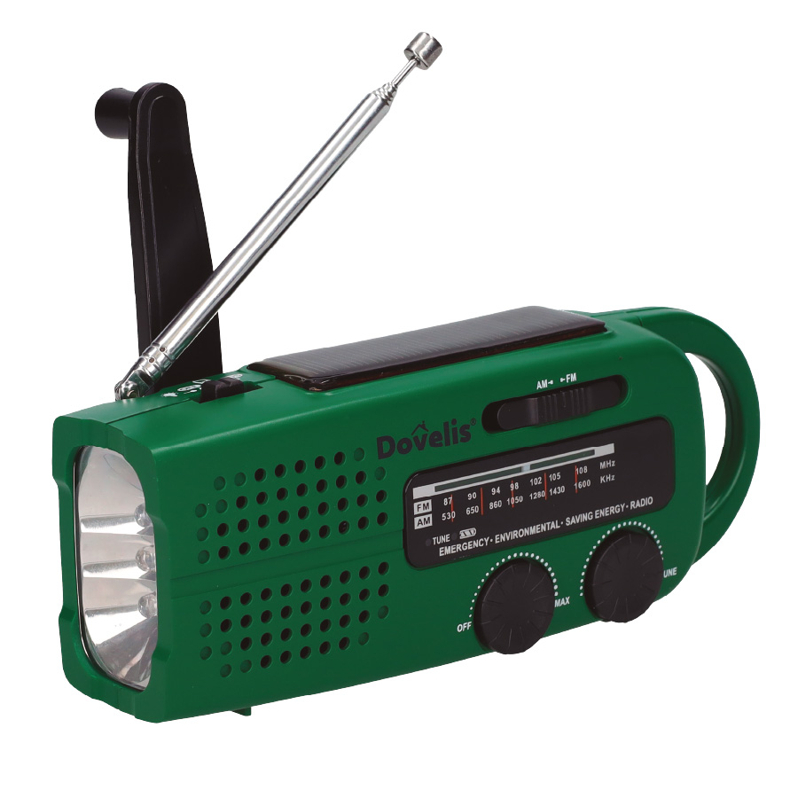 Radio with LED flashlight dynamo, solar and USB rechargeable powerbank 3xAAA 150lm
