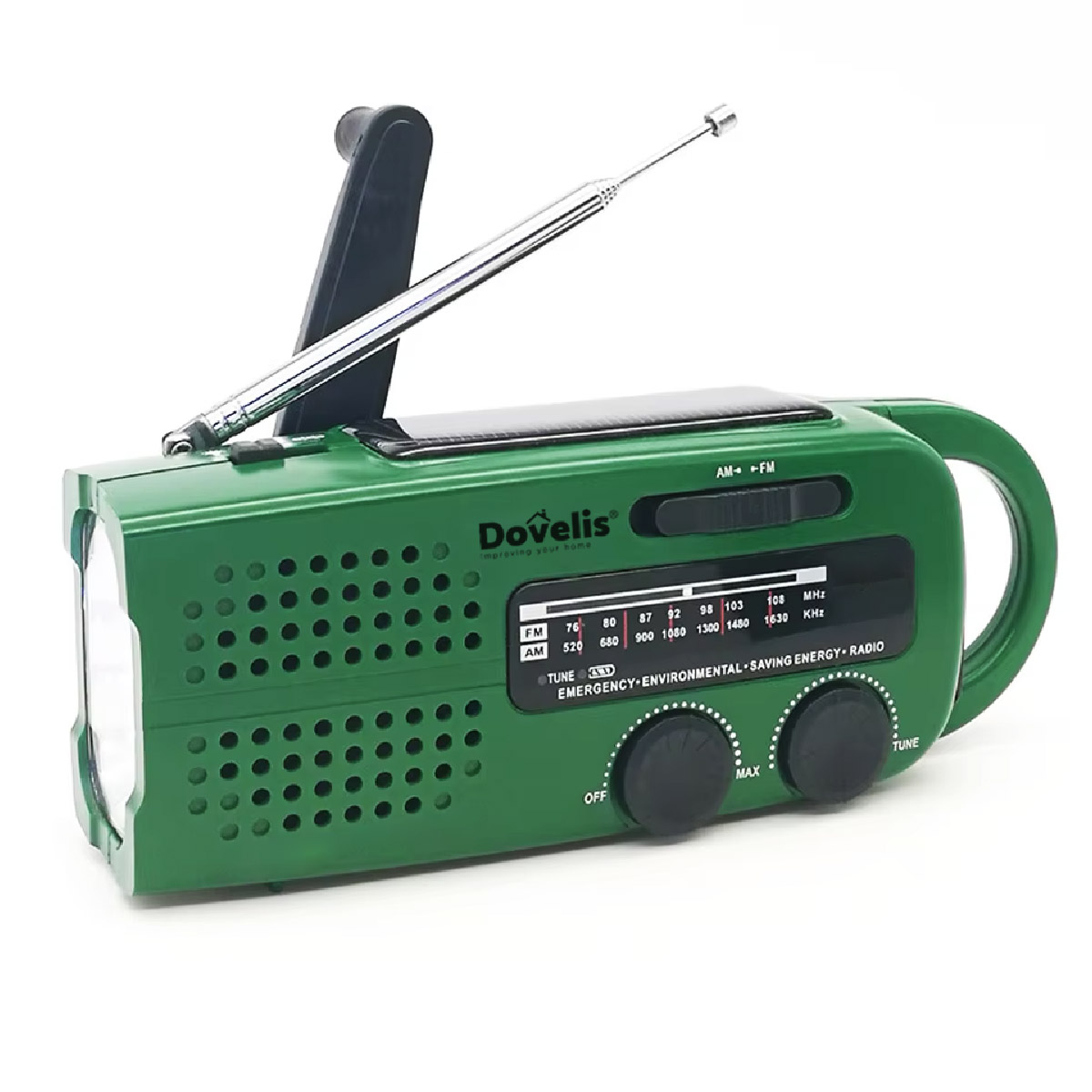 Radio with LED flashlight dynamo, solar and USB rechargeable powerbank 3xAAA 150lm
