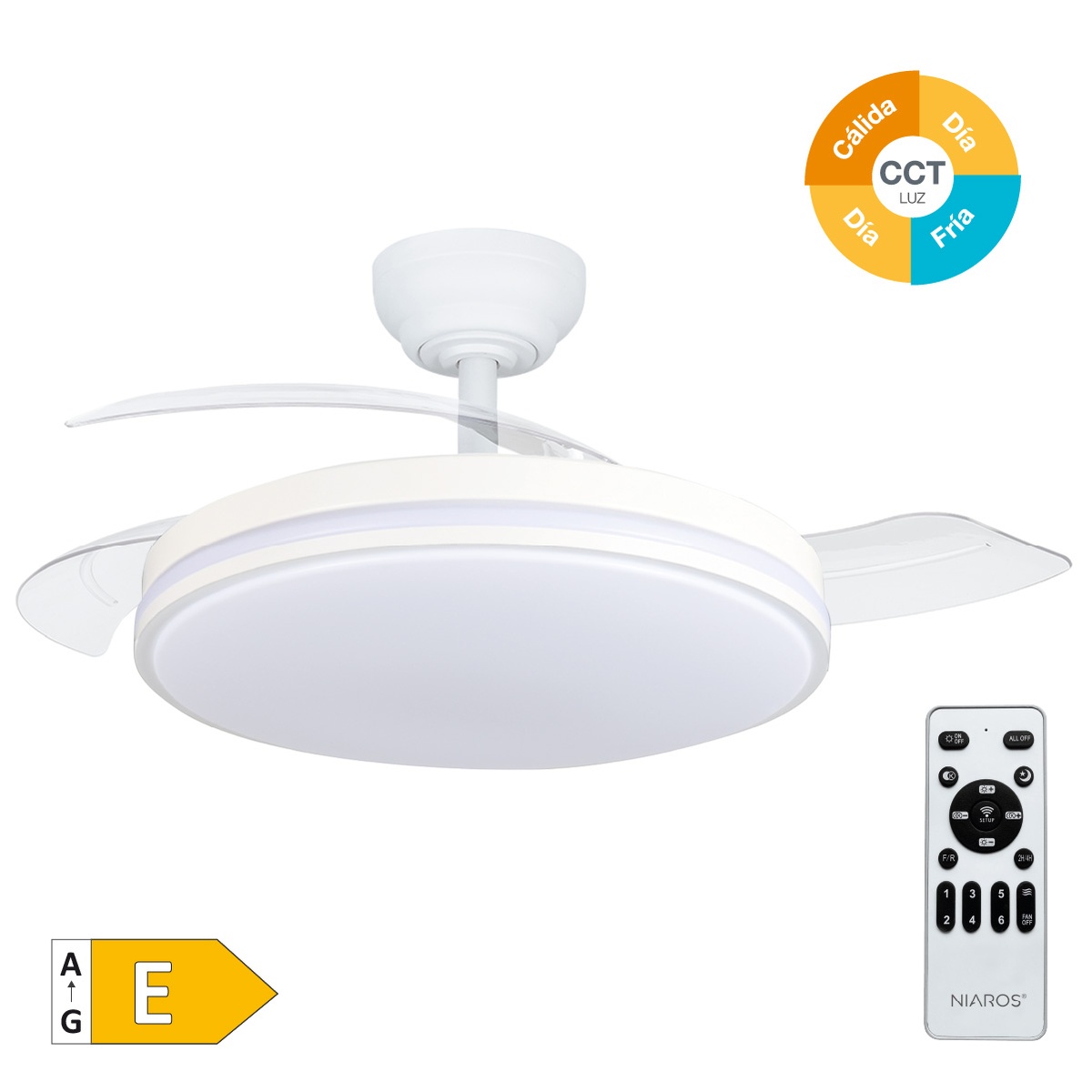 Ventilador techo Bayat con luz CCT regulable y mando Ø107 3 aspas retráctiles DC Blanco