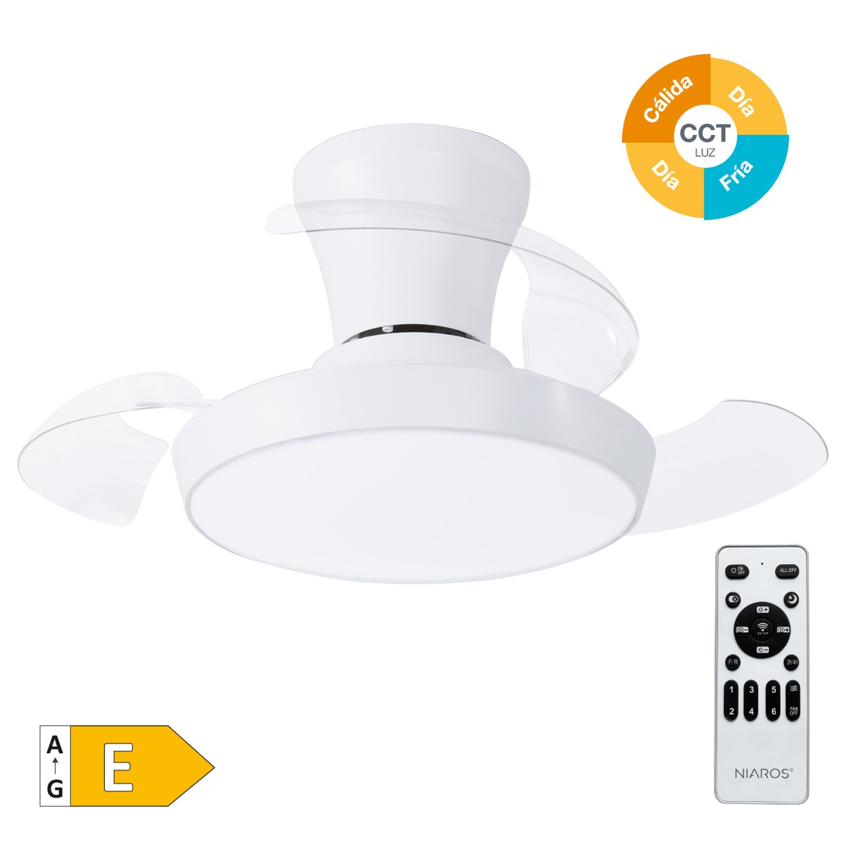 Ventilador techo Kovilur con luz CCT regulable y mando Ø71 3 aspas retráctiles DC Blanco 