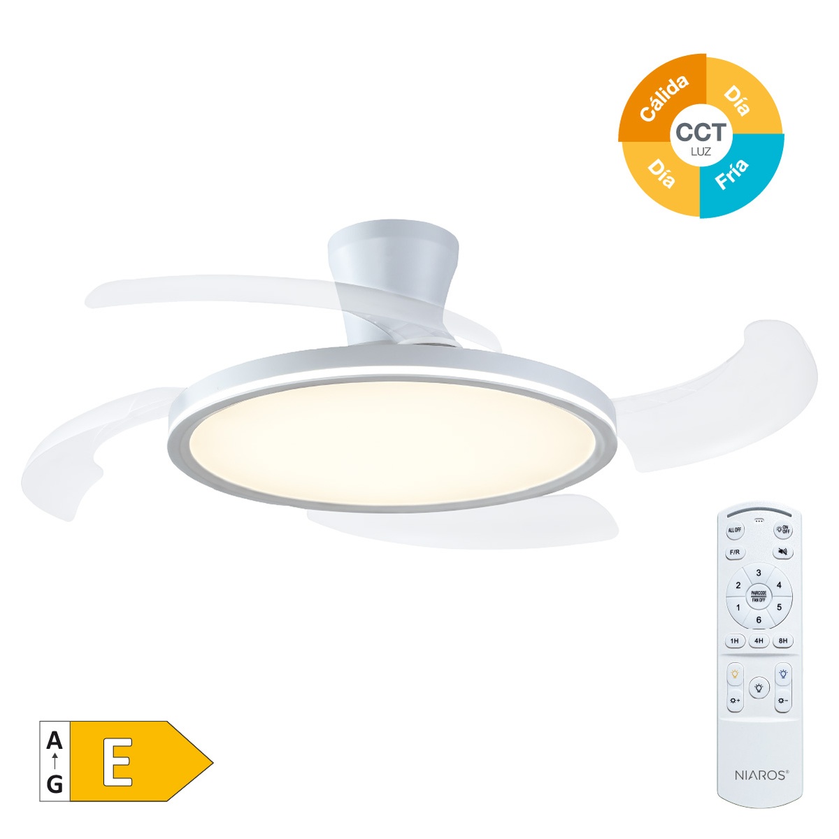 Ventilador techo Gomce con luz CCT regulable y mando Ø122 4 aspas retráctiles DC Blanco 