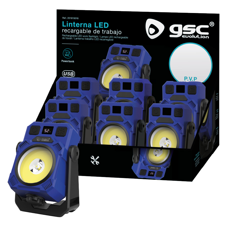 Linterna LED COB de trabajo recargable USB 15W 1500lm - 6u caja exp 