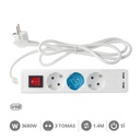 Bloco de 3T + 2 USB + Int. (3x1.5mm) 1,4M Blanca
