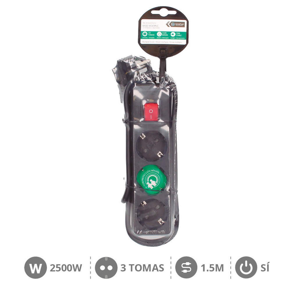 Base múltiple 3T + Int. (3 x 1,0 mm) 1,5 m Negro - 5 un. retrátil