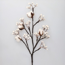 [204690014] Rama decorativa LED de flores de algodón y bayas blancas 0,55M Luz cálida