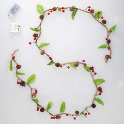 [204690030] 2M LED garland with red berries, pine cones and leaves Warm White