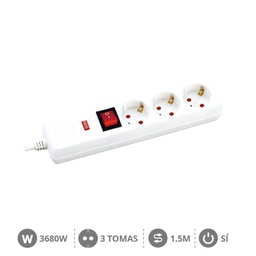 [100005015] 3 way socket White with switch (3x1.5mm) 1,5M wire - surge protection