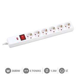 [100005018] 6 way socket White with switch (3x1.5mm) 1,5M wire - surge protection